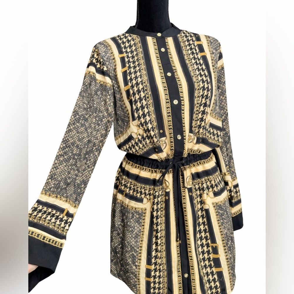 Michael Kors Scarf Print Dress Size 8 Black Gold Chain Belted Long Sleeve Luxury - Picture 4 of 9